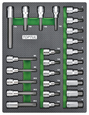 Набор головок торцевых 1/2" с насадками Hex, Torx, Spline, 25 пр., в мягком ложементе TOPTUL  GEB2501 Набор головок торцевых 1/2" с насадками Hex, Torx, Spline, 25 пр., в мягком ложементе TOPTUL  GEB2501